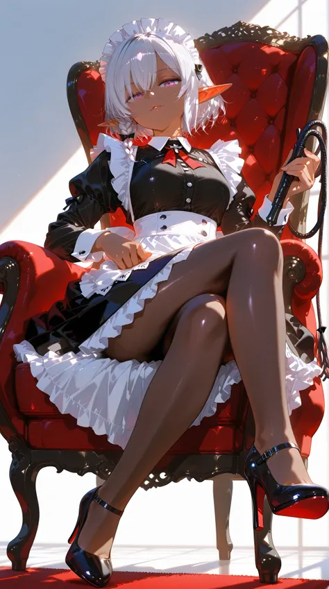 (A dark elf maid:1.3), (solo:1.4), (one character:1.4), short silver hair, purple eyes, dark skin, wearing a detailed classic maid outfit, black tights, high heels, sitting on an ornate red velvet chair, crossing her legs, holding a leather whip in one han...