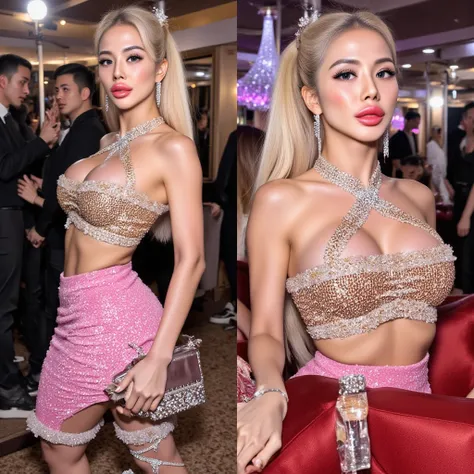 Kim Jisoo makeover, Hair: Her extreme very hips long platinum blonde extensions. Layers are added for volume, and the ends are curled into luscious waves that cascade down her back. A bright Blond streak is added for contrast, giving her a playful edge. Ma...