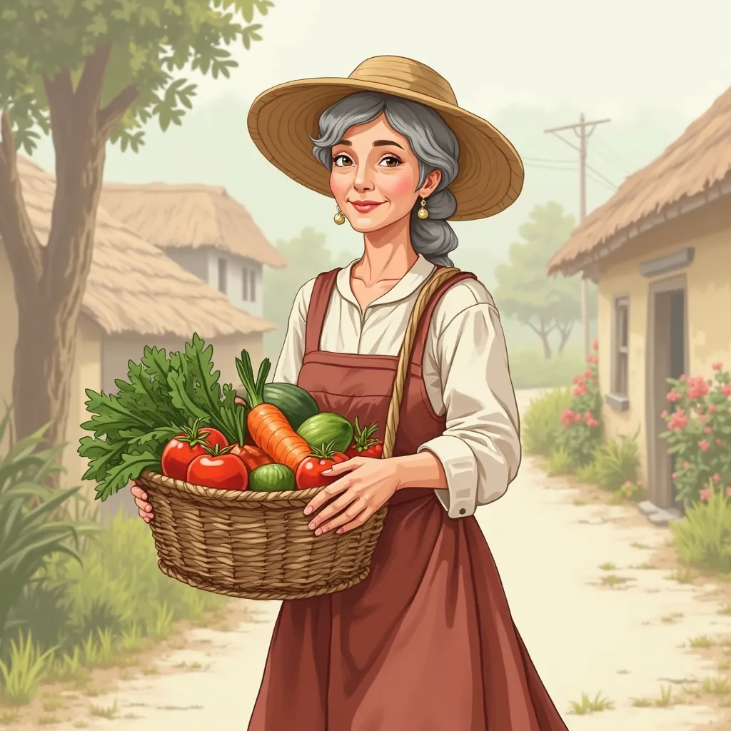 “A middle-aged woman in the village，wearing a calico and straw hat，With a warm smile，carrying a basket of fresh vegetables（tomato、cucumber、carrots and green vegetables），Illustration vector style。”