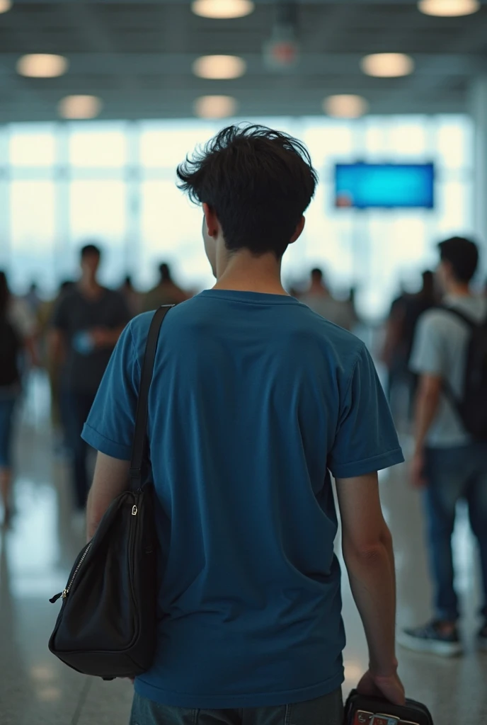 A 20 Year old boy taking his ticket and passport In his hand and going towards the aeroplane in the airport make it some emotional And the picture is capture from the back side and wearing a Musa name blue t shirt 