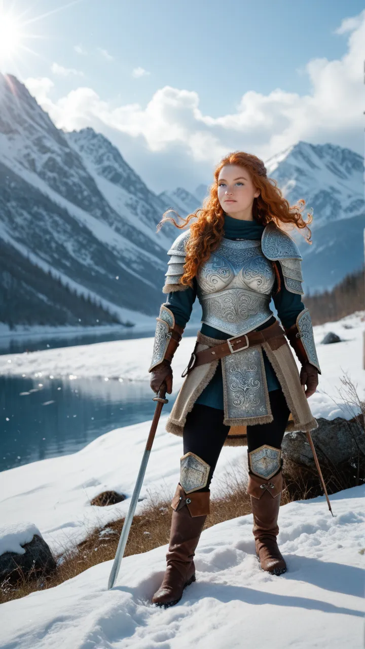 A powerful Viking warrior crouched in a snow-covered mountainous setting, with an icy lake in the background. She has long wavy blond hair and wears metal armor detailed with Nordic symbols. Her posture is firm and ready for battle,  with an intense and de...