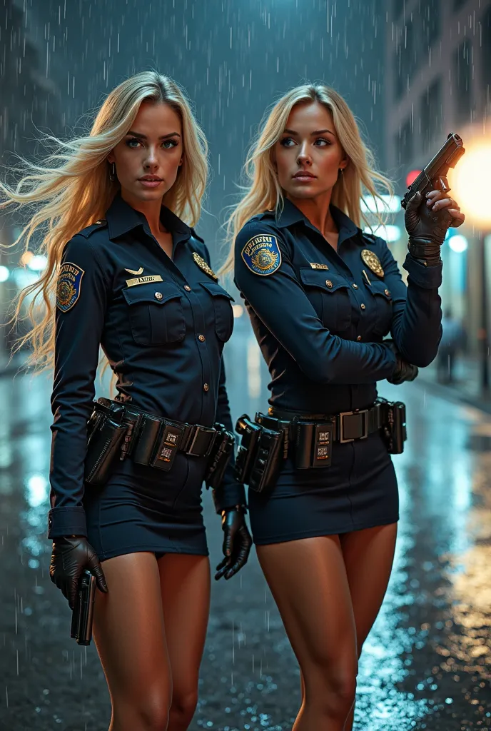 2 Female、American Beauty、Super beautiful、Facial beauty、blue eyes、Standing、New York Police Uniform、mini skirt、Golden Hair、Night Street、Backlight、The wind is blowing、it&#39;s raining、He is looking intently at the barrel of the gun.、Thigh-up shot、pointing pis...