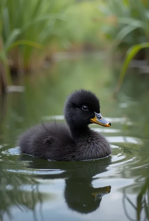 Little black duckling in the pond