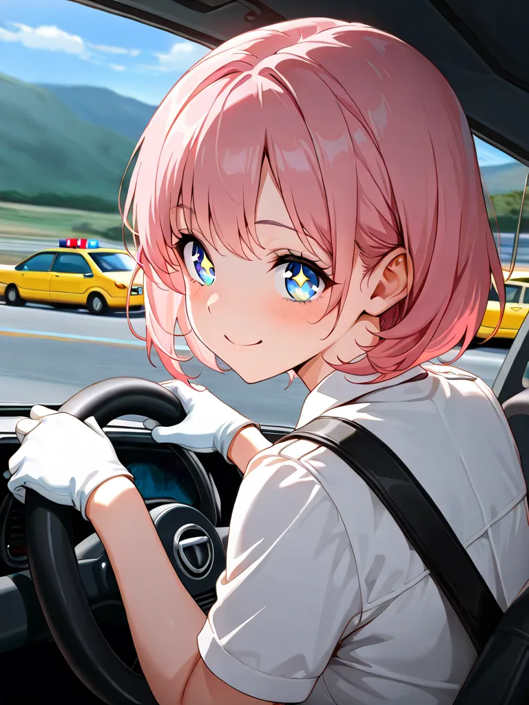 ((((  masterpiece)))), (((( top quality)))),  high resolution,fine grain, detailed faces,1 girl,pink hair,short hair,sling,heart eye, sparkling eyes,taxi,Driver,Driverの制服,Both hands have handles,smile,white gloves,Focus on driving,view from behind, anime,