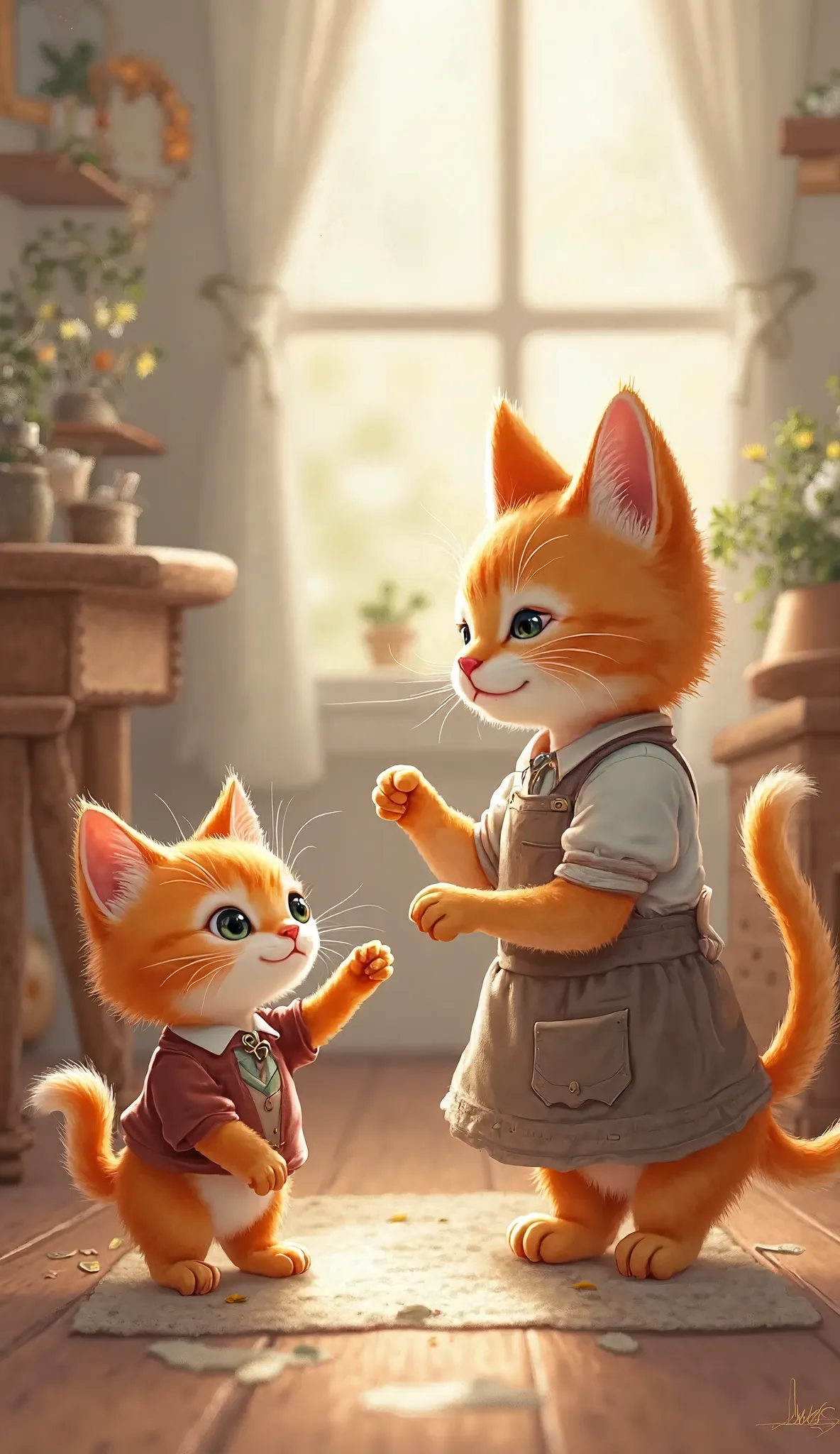 kitten (kitten cat orange, cute, dressedschool uniform)  points towards mother cat (dressed apron), at home 