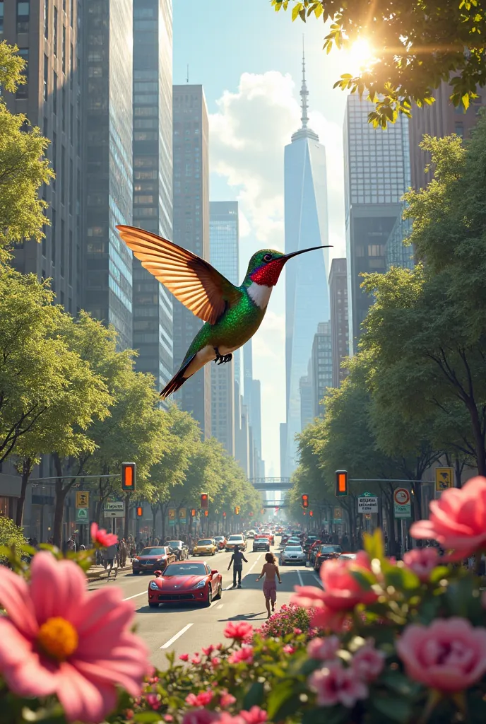 Hummingbird in the city with buildings and cars flying through the flowers of a park 