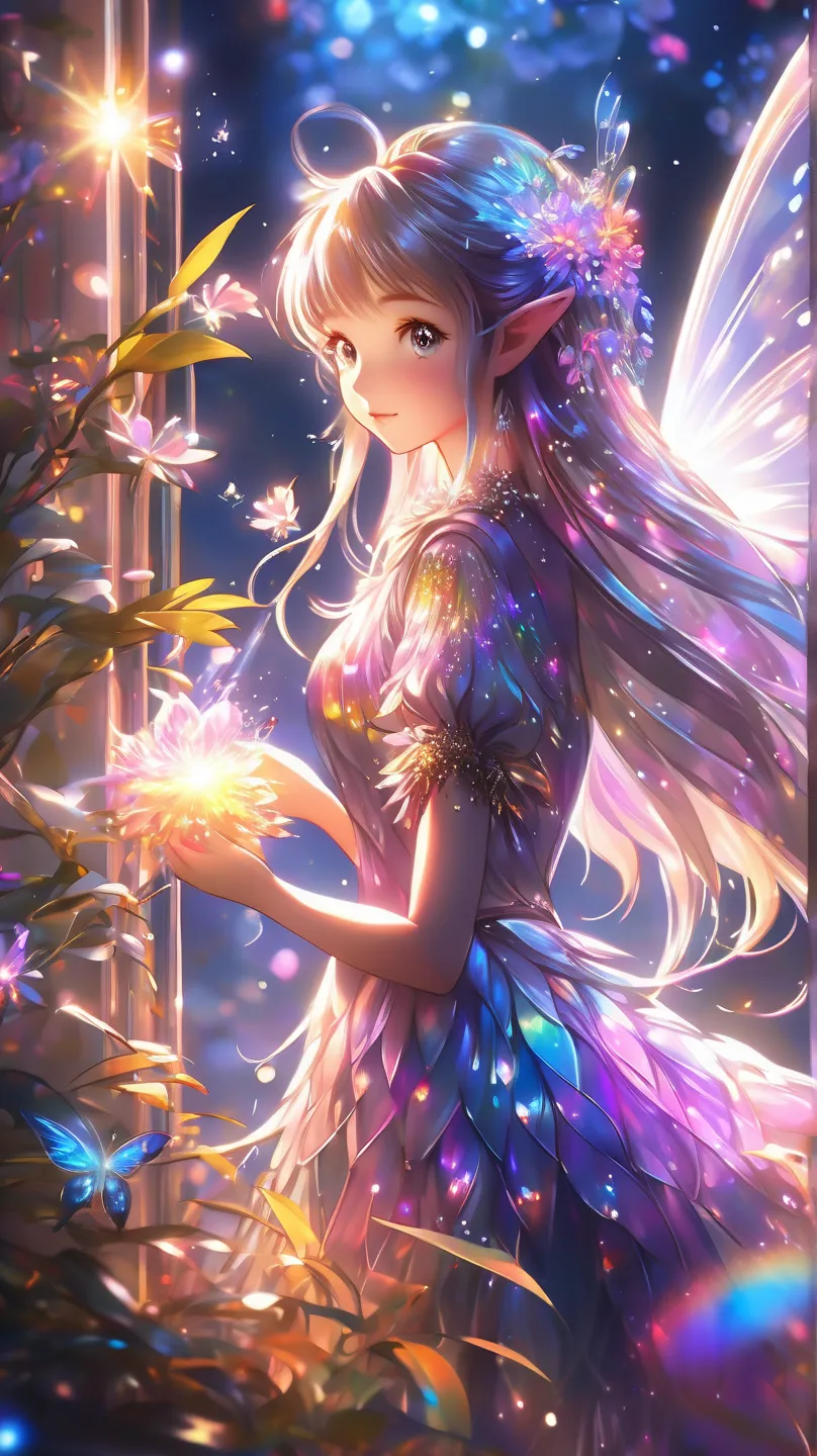 concept art    mystical    fantasy concept art of anime artwork A fairy, flower,       fantasy themed digital painting      , 夜の    magical森, featuring ultra- Highly detailed shirt dress with rainbow colors and ceramic-like texture   、 realistic sparkling ...