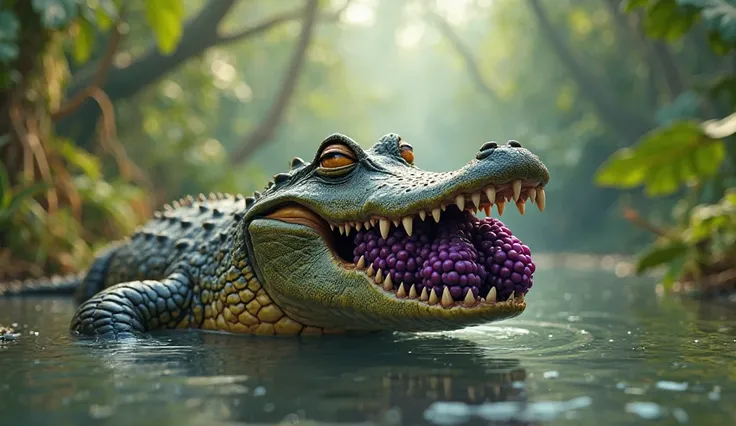 . The crocodile carrying some jamuns back to his wife in the river.(In cinematic 3D cartoon style) 