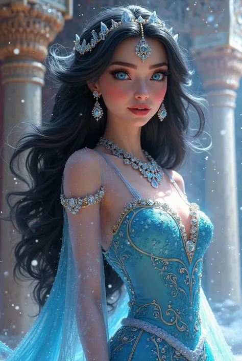 Create a 9:16 photorealistic image of princess jasmine of aladin and elsa from frozen combining both element from both into one hot princess