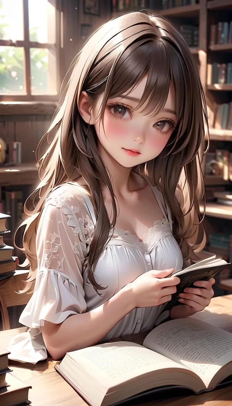 cute girl、HD、brown hair long hair、full open white blouse、 lace bra 、 books to read aloud、Very Cute、Highest quality、 realistic