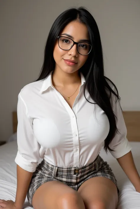 A beautiful Latina woman, tan skin, 20 years old, long black hair, perfect face, brown eyes, big natural breasts, slim waist, thick thighs, big round ass, hourglass body, masterpiece, best quality, amazing quality, super detailed, high quality, 8k. Wearing...