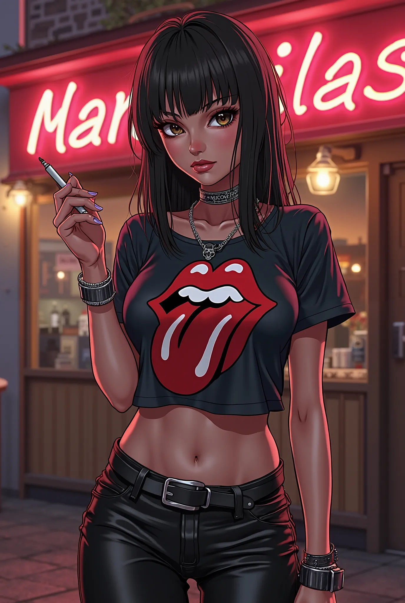 (Anime:1.2), beautiful woman, 26 years old, Straight Black Hair, Dark Brown Eyes, Slender, Small Tits (B-Cup), BREAK, Tight Leather Pants, Leather Biker Boots, Rolling Stones T-Shirt, "Harley" Necklace, BREAK, Outside A Biker Bar, Smoking a joint