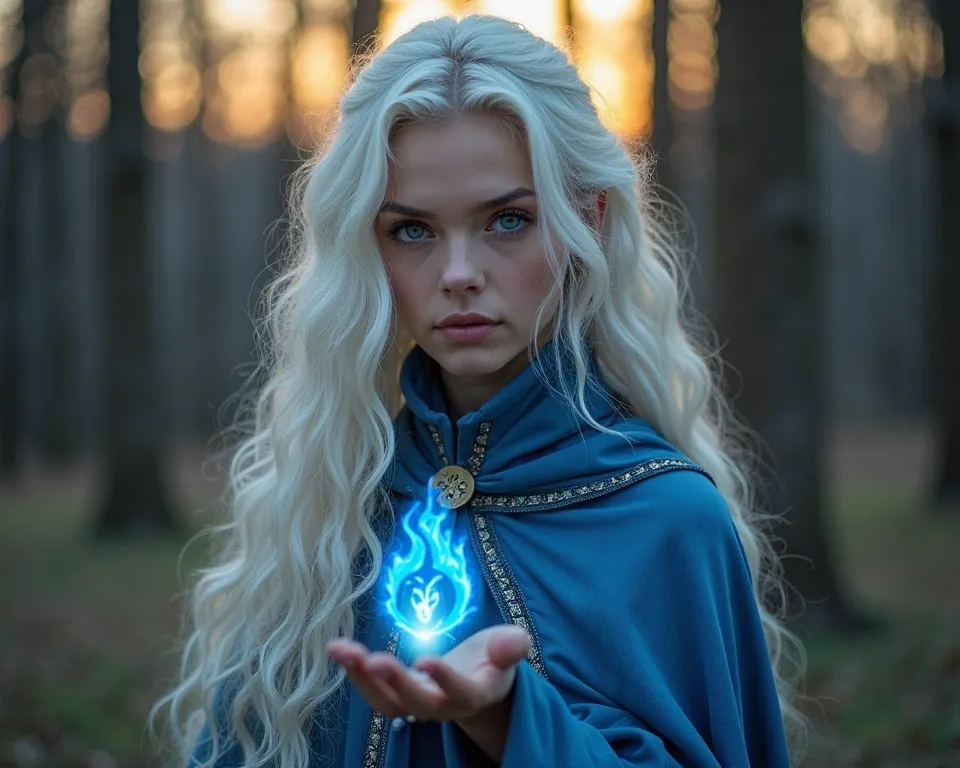 A beautiful young woman with long white hair and bright blue eyes, wearing an elegant blue cape with subtle details. She is in an outdoor setting at dusk, with the golden light of the sun reflecting softly on her hair. In his outstretched hand, she holds a...