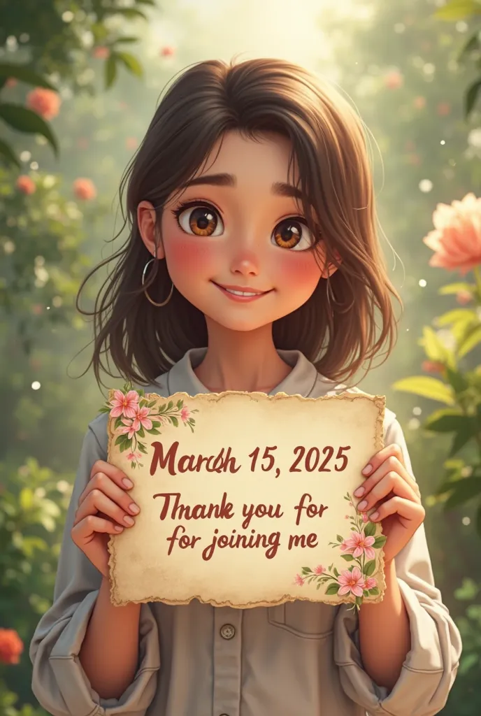 A 15-year-old girl who gives you a sign with the date March 15, 2025 and the phrase thank you for joining me 