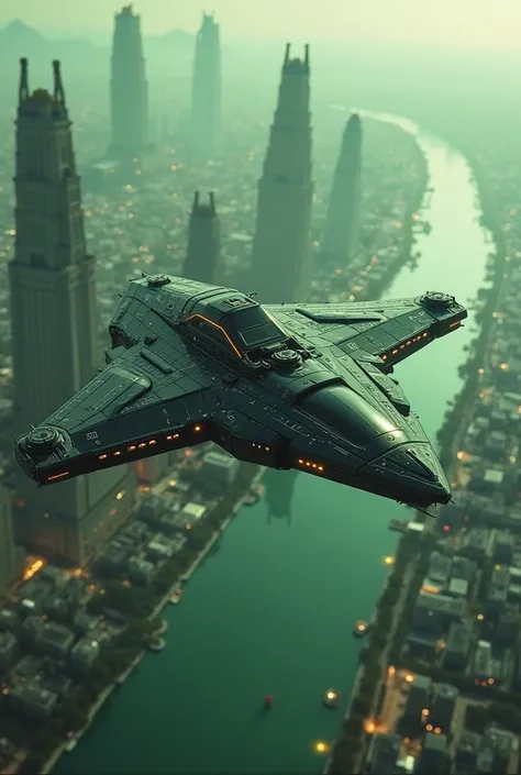 The new triangular Black Valchiria Class UC Freja, hovering above a green advanced city from distant future, with its antigravitational system based on AI-extraterrestrial plasma-electrostatic engine ,and hyper-tech lvl.5 tech on Kardashian scale