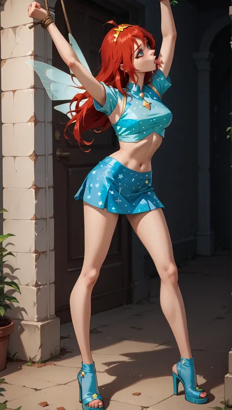 bloom (winx),charmix, wings, blue star pattern crop top, blue star pattern skirt, blue shoes, blue eyes, blue sleeves, hair ornament, red hair,stands with his hands tied with rope on his knees, sucking a dick