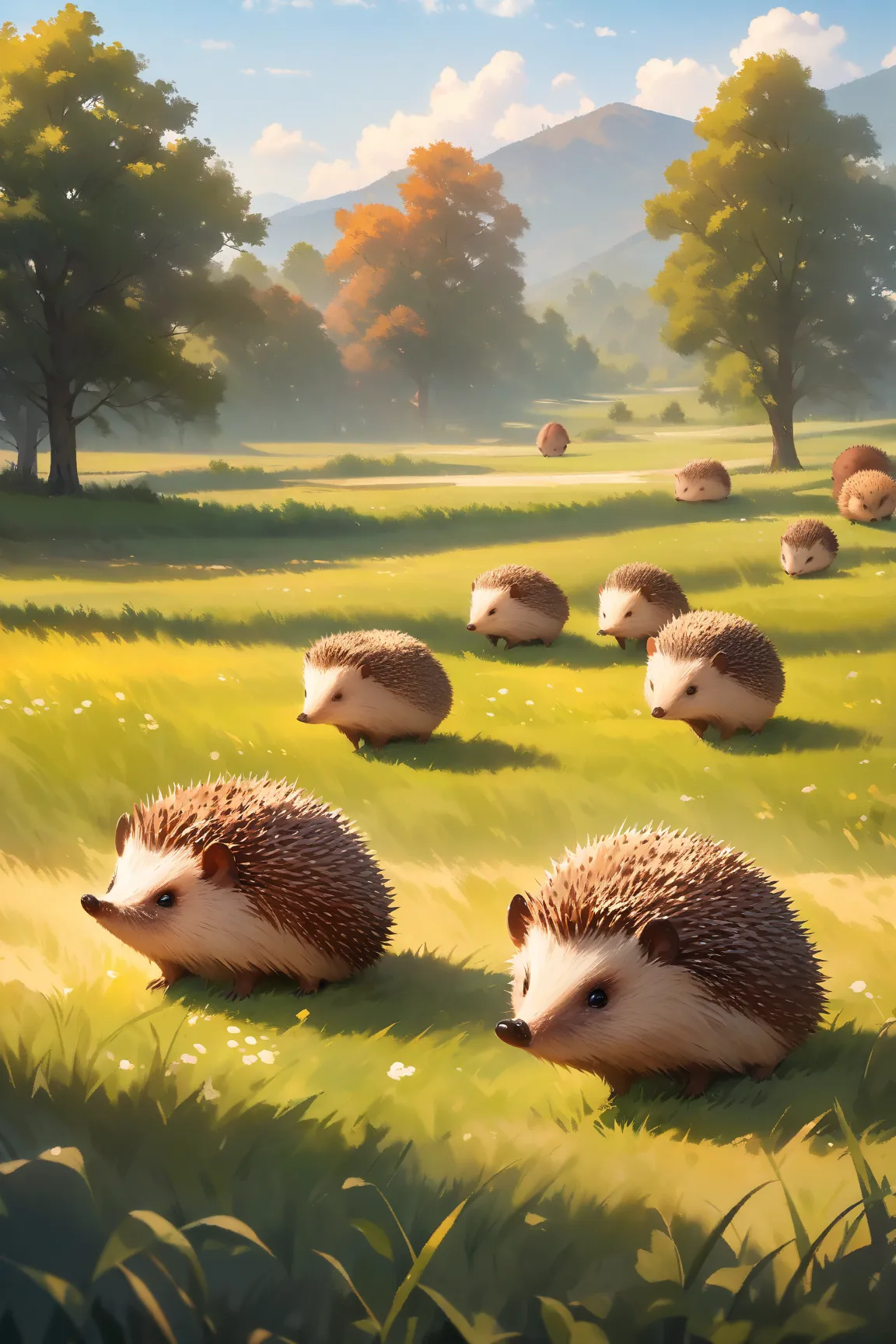 Hedgehogs stand in a row,hedgehogs in graceful standing posture,hedgehogs all panicked,peaceful countryside background,clear blue sky, warm sunshine,high quality digital image,maximum resolution,oil painting,Nature scenery, landscape photos,clear every det...