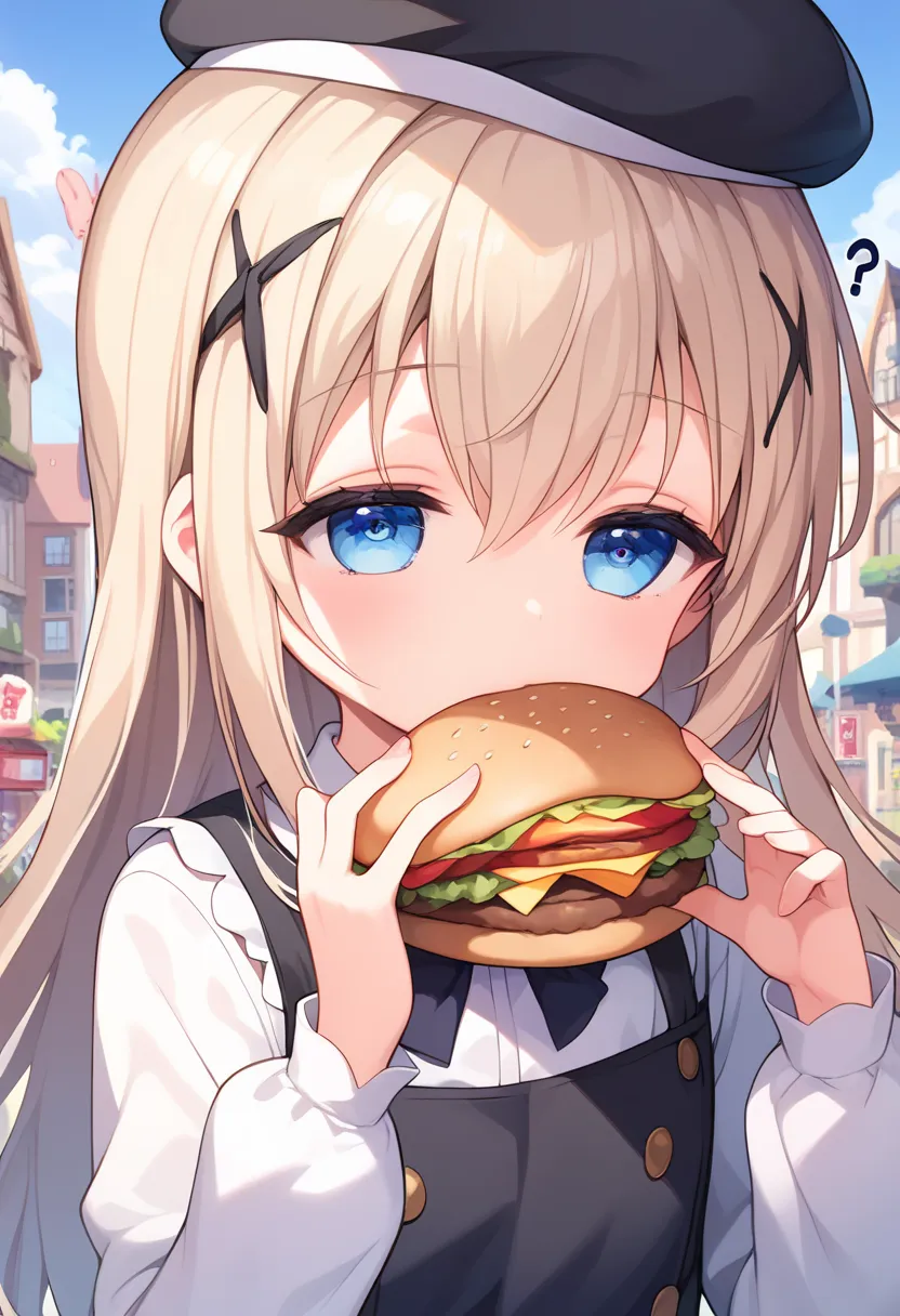  best quality ,anime,cute,(Chino Kafuu1.3),light blue long hair,Large serving of hamburger,large amount of hamburger,Highest Quality,girl&#39;enjoy,is the order a rabbit?,half-closed eyes, jitome,Forlorn look,