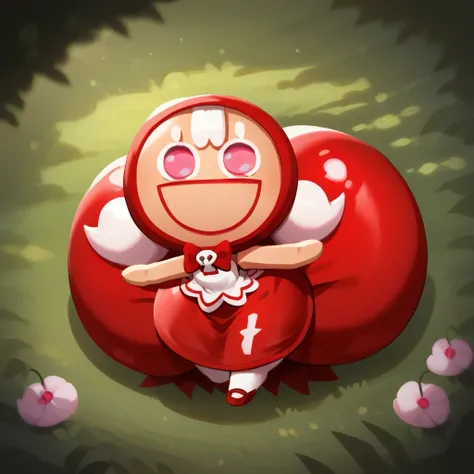 score_9_up, score_8_up, BREAK, CherryCookieRun, 1girl, solo, white hair, pink eyes, red hood, sleeveless dress, red dress, chibi, upper body, forest, smile, rear view, leaning forward, big hips, insanely inflated hips, ass closeup, lying down:1.2), (gigant...