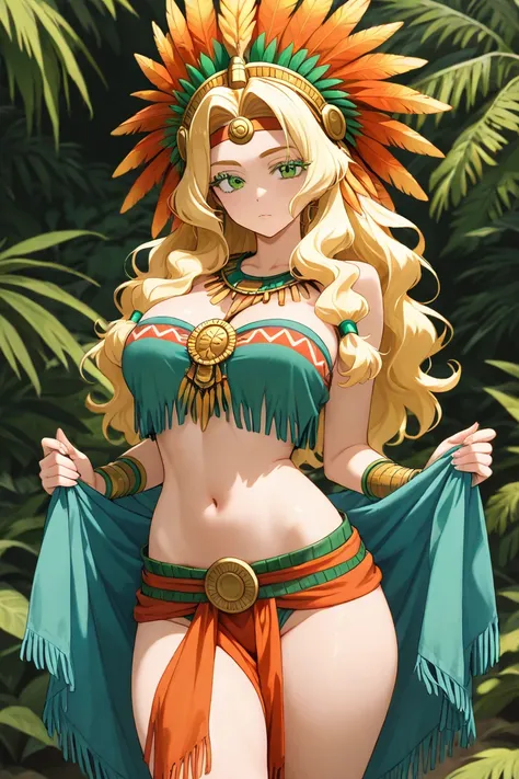 quetzalcoatl (anime rider),long hair, blond hair, thesis Clara, long eyelashes, green eyes, dressed in traditional Aztec costume, large breasts and medium thighs, slim body,  perfect face, detailed face, pose sexy