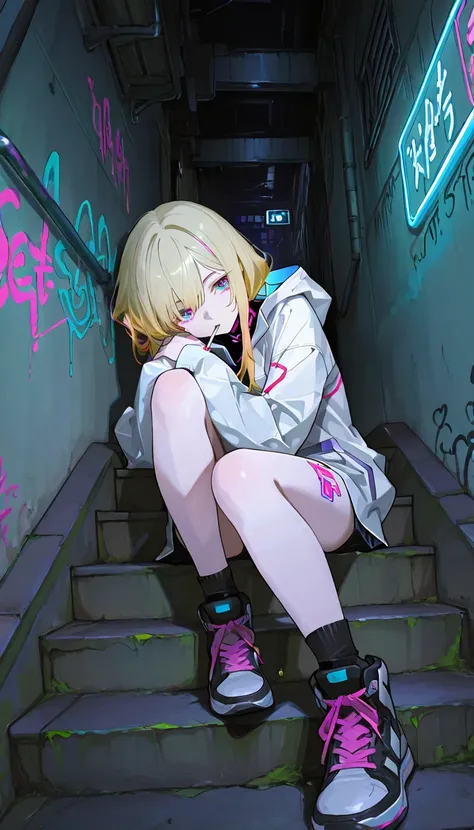 masterpiece, best quality, very aesthetic, absurdres, 4K, extremely detailed CG unity 8k wallpaper,Cyberpunk Stairway With Neon Signs, graffiti, And Futuristic Urban Decay、 A street fashion blonde girl sits leaning against a wall with street art drawn on i...