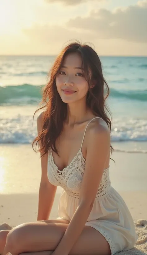 Beautiful and cute Japanese Asian girl in her 20s, big sexy breasts, wearing a white lace dress, cream shorts with a side slit, sitting on the beach, the atmosphere of the clean white sand beach, the beautiful clear blue sea, you can see the small waves ge...