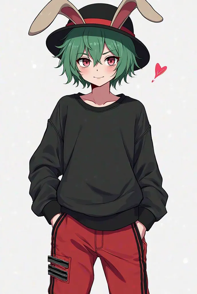 Create a logo for YouTube Anime male light skin short hair black and green short hair and a black hat with rabbit ears with white demon eyes wearing a black sweater with red pants with black line with sneakers