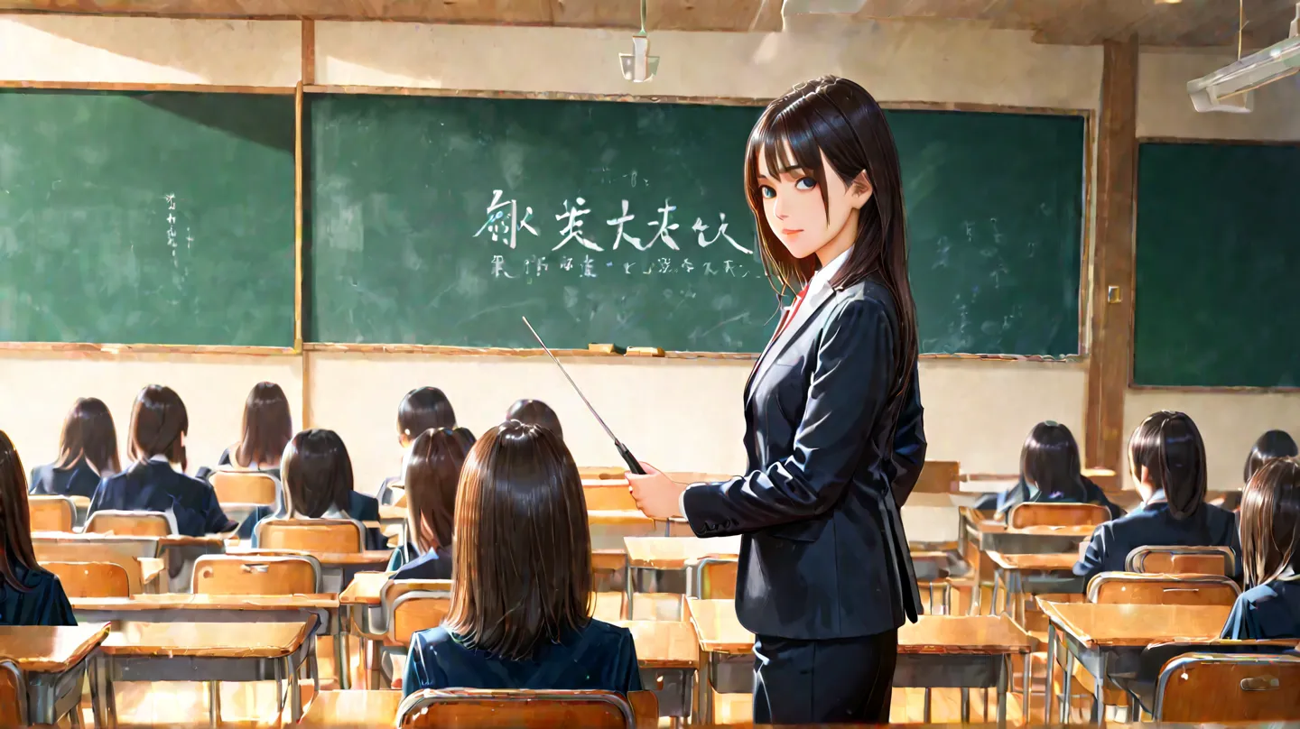 study、study、Teacher's look、 girls on the left、 is wearing glasses、 suit、タイトな suit、and I'm putting my hair up、classroom、 blackboard 、Holding a stick in his hand、HD、high quality、