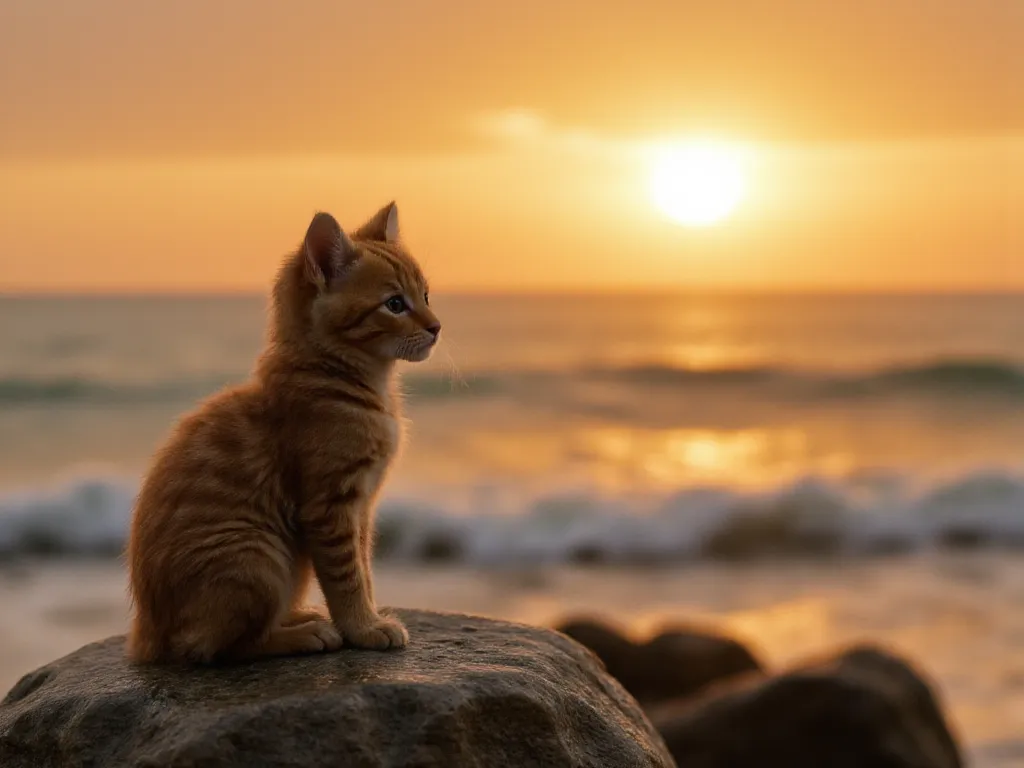 A little kitten sits on a rock, watching a golden sunset over the ocean, soft waves, warm evening breeze, tranquil mood, high-detail fur, artistic photography, glowing sky, peaceful vibes.