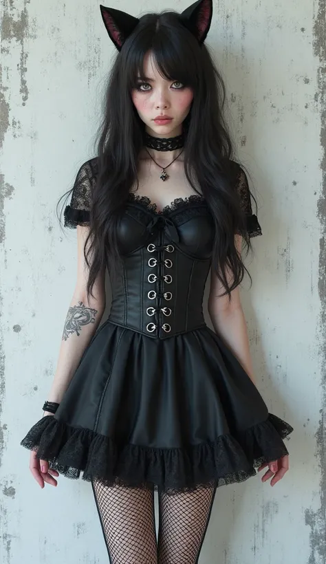 (Beautiful gothic emo Girl 20 year old, european appearance, beautiful face, black eye shadow, dark eyeliner, skinny, cutie, blushed, cat ears, Brunette, lush long hair, The hair falls down the sides, perfect figure, skirt, corset, shoes, nylon black fishn...