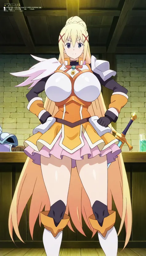 1girl,darkness ,konosuba, sexy poses ,body armour,  room,fantasy bar,body armour,sword,white armour, skirt white, front view
 ,  Prompt: (huge gigantic super mega hyper:1.4),(biggest round giant massive :1.4), (only one women), source_anime,masterpiece,bes...