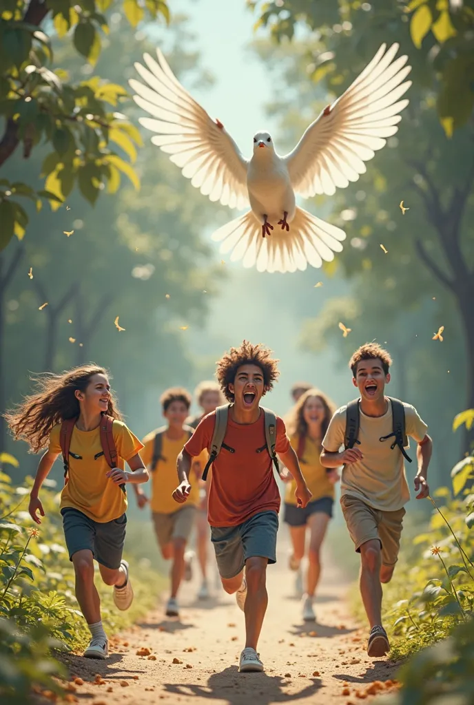 Young people with John Don Bosco running after a flying white dove 