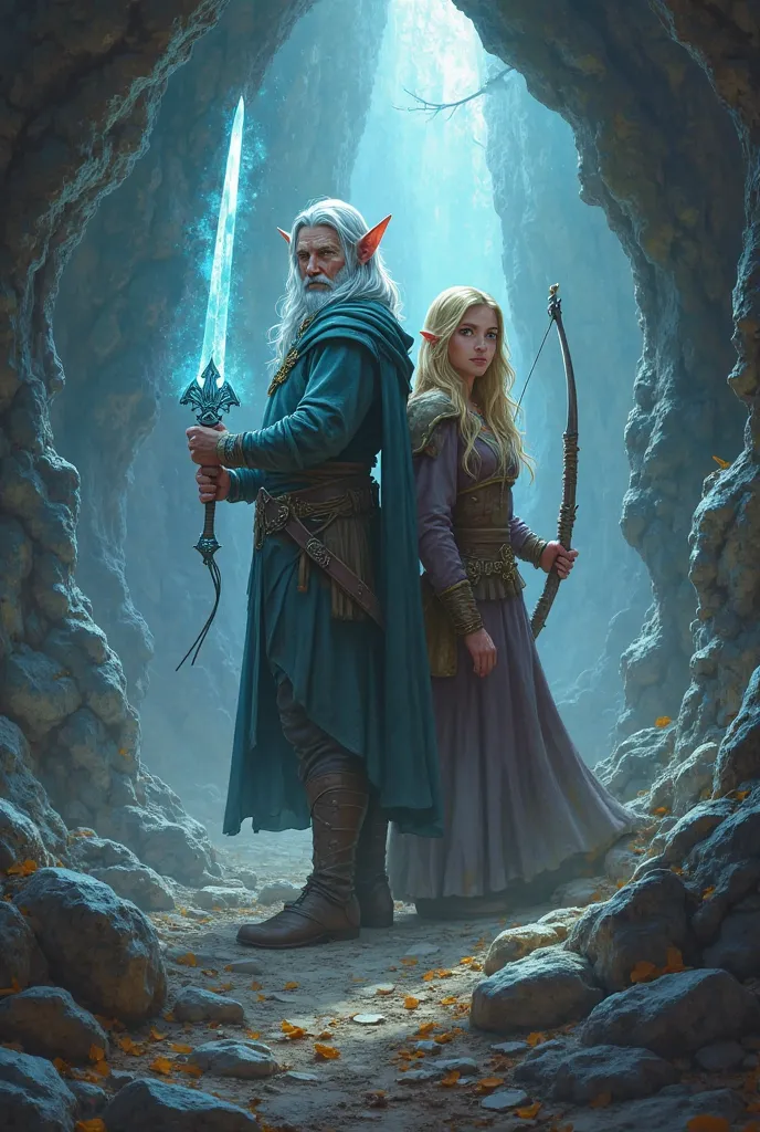 Create an image crate an novel poster include an elf with a Gray hair and eyes and a lighting sword and he's 177 cm height and with him a dwarf with an a axe and a human girl with blonde hair and sky color eyes she's carry a good bow and she's 175 cm heigh...