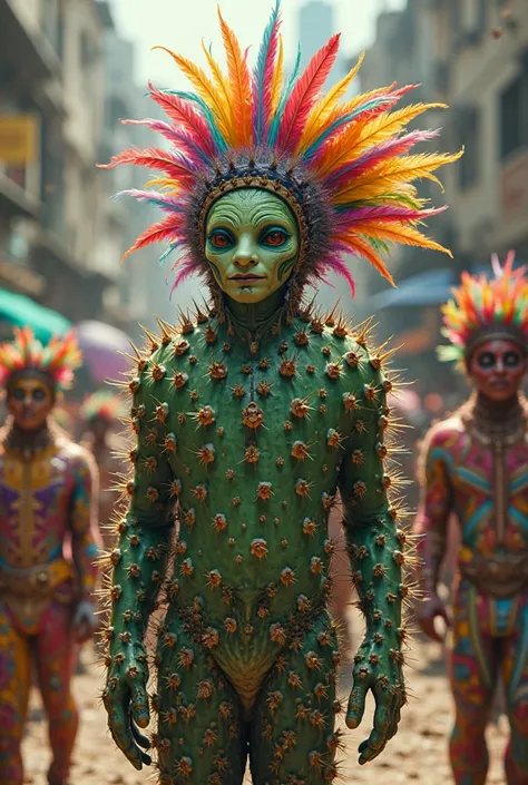 Cactus man with feathers in a Rio carnival background 