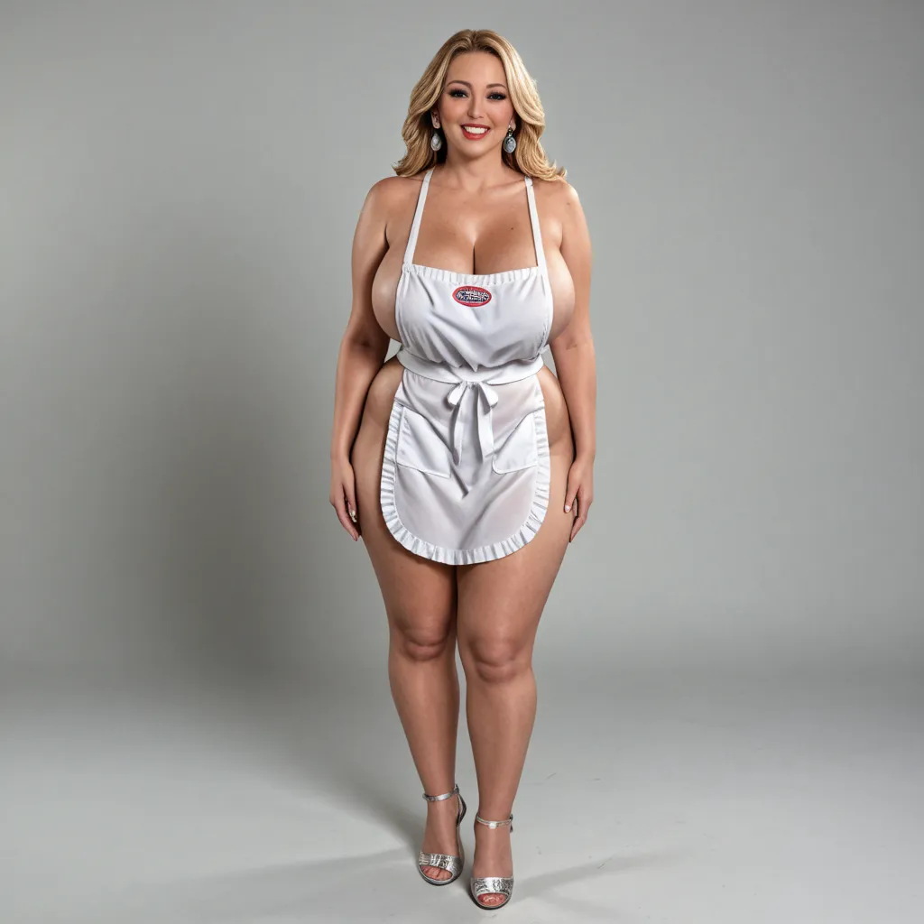 American blonde  milf with thicc body huge breasts, huge wide areolas, huge hips, sexy bbw, huge ass, saggy breasts, sexy white tide apron, full body picture, sexy,   showing her pussy to the camara, Alta calidad, 8K Ultra HD, modeling, entire body picture...