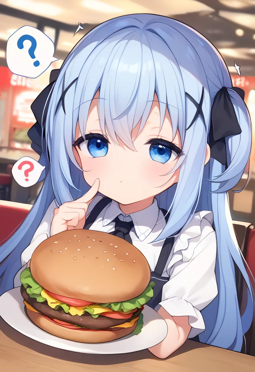  best quality ,anime,cute,(Chino Kafuu1.3),light blue long hair,Large serving of hamburger,large amount of hamburger,Highest Quality,girl&#39;enjoy,is the order a rabbit?,half-closed eyes, jitome,Forlorn look,fast food restaurant