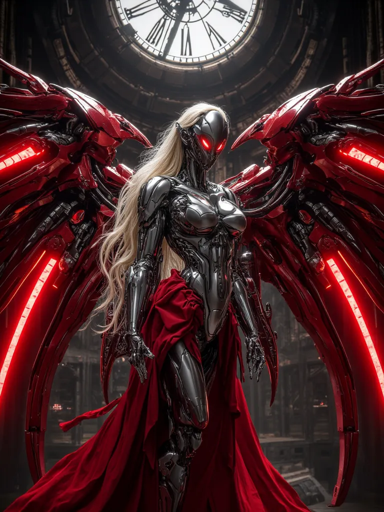 Clockwork Female Angel, Red Metallic Mechanical Angel Wings (6 foot Wingspan), Stainless Steel skinned , Long Flowing Golden Hair, Large Breasts, Voluptuous Build, wide hipped, thick thighs, iridescent Red glowing glass eyes, standing in a cyberpunk clock ...