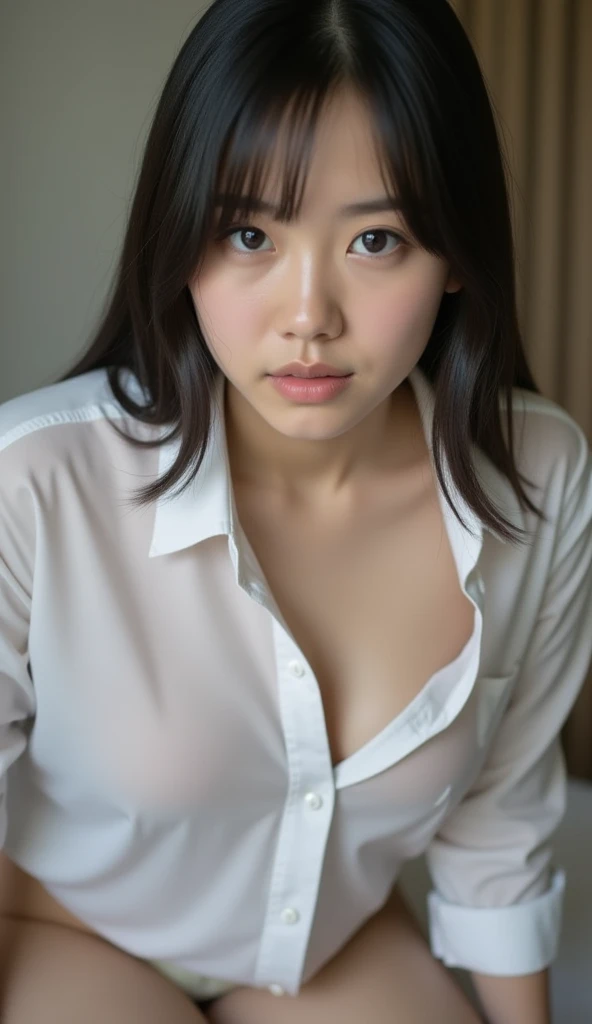 (((  Low angle shot showing your entire cheeks、  biologically accurate images  、      and stare at the camera    :1.22,     lean forward   ,  loose open shirt 、     underwear))),   1 Japanese woman,       hotel room 、    Indirect Lighting、  nudes,Completel...