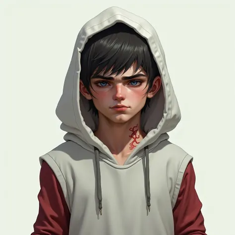 Medium athletic body size, careless hair and covering the eyes together with the hood, and a serious face with an angry appearance,  White , 1.80 tall is with several scars on the back and neck In that same animated style 