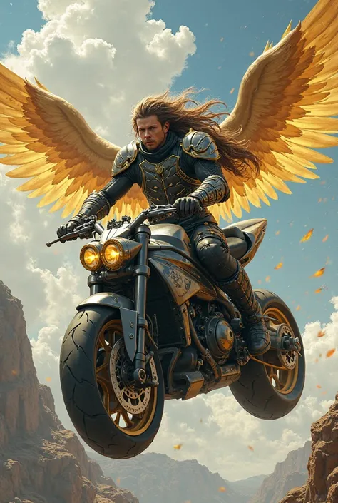 นักรบผู้ชายผมยาวที่มีปีกชุดGold colorและดาบสไตล์อนิเมะโกธิค. gave me a picture of a flying motorcycle., Rather, , Gold color