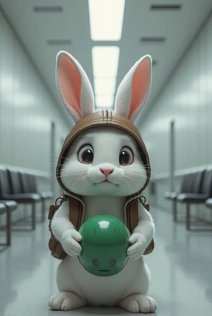 "Create a hyperrealistic, photorealistic image of a white silver innocent rabbit with expressive big black eyes, wearing a dark brown hat and matching backpack, standing in a hospital corridor. The rabbit holds a green helmet in its paws, with a matching b...