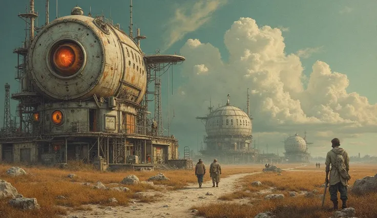 deep rich vintage muted colors, minimalism, professional photography, surrealism, surrealistic scene, futuristic, retro, vintage, science, utopia, dystopia, people, unusual landscape, strange alien futuristic sci-fi houses and people working standing runni...