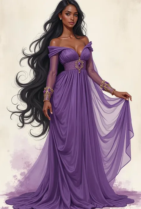 a drawing of a woman in a purple dress with long hair, concept art inspired by reyna rochin, tumblr, art nouveau, pocahontas, garbed in a purple gown, wearing a flowing dress, disney character style, rapunzel, princess of amethyst, she has olive brown skin...