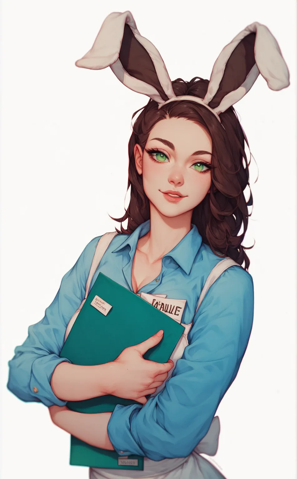 Jackalope girl, waitress, red and white waitress uniform, wavy dark brown hair, green eyes, looking at viewer, sexy, holding menu folder between arms, half body, bunny ears, anters