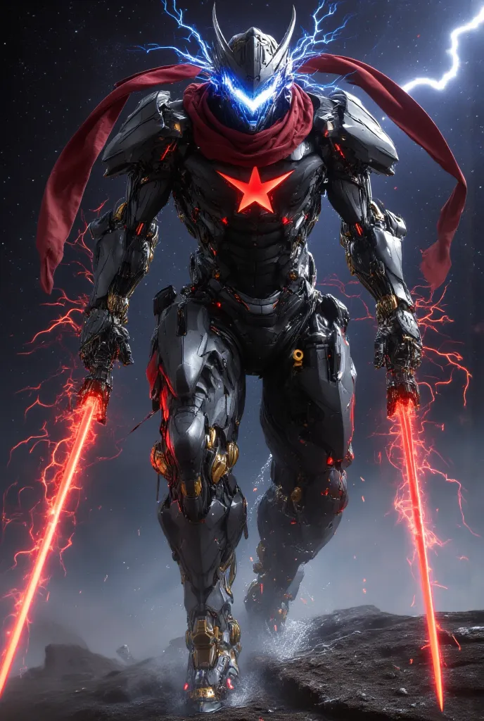 Men's futuristic helmet, traje futurista, futuristic bright star logo, tight hands hitting the ground in epic style, futuristic background
Tremendous wick, with electric power, porta unas dagas con  electricity,  red helmet _ a long scarf _ red scarf_ the ...