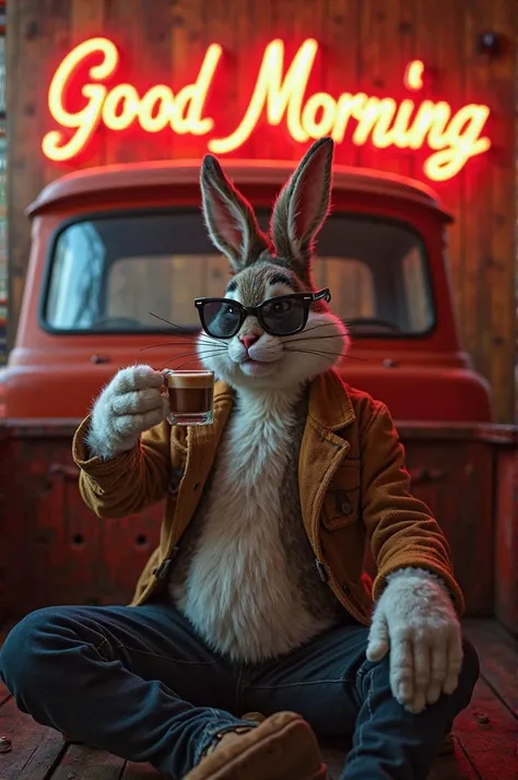 sunglasses smoking 
The letters Good Morning are clearly reflected on the neon tube
Drinking coffee on the bed of an old truck in an old rusted Ford、 raster color
Western-style cool beauty、Bucks Bunny 