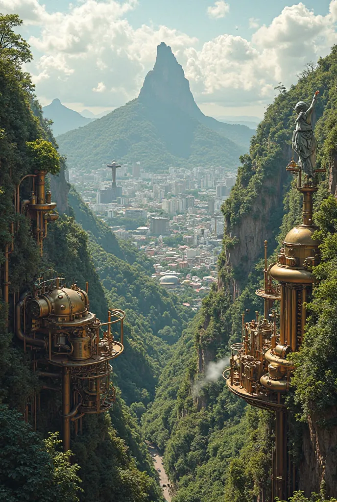 Create a landscape of a hill in Rio de Janeiro with a steam punk vision