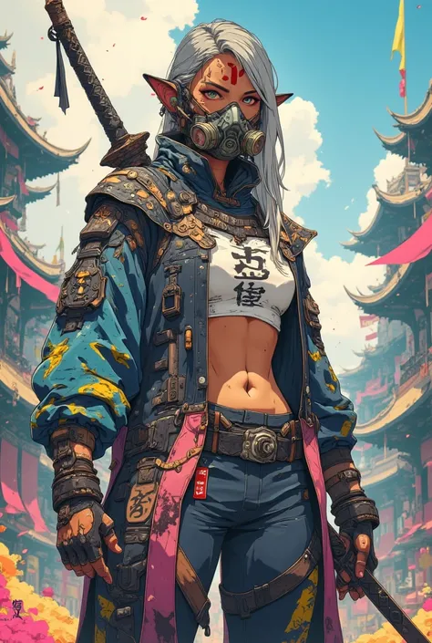 Samurai, women 22 year old, beautiful, looking down, victory, Blue bright eyes, respirator mask, colourful, battle scares, sword on the back,big boobs, pelvic carpet,