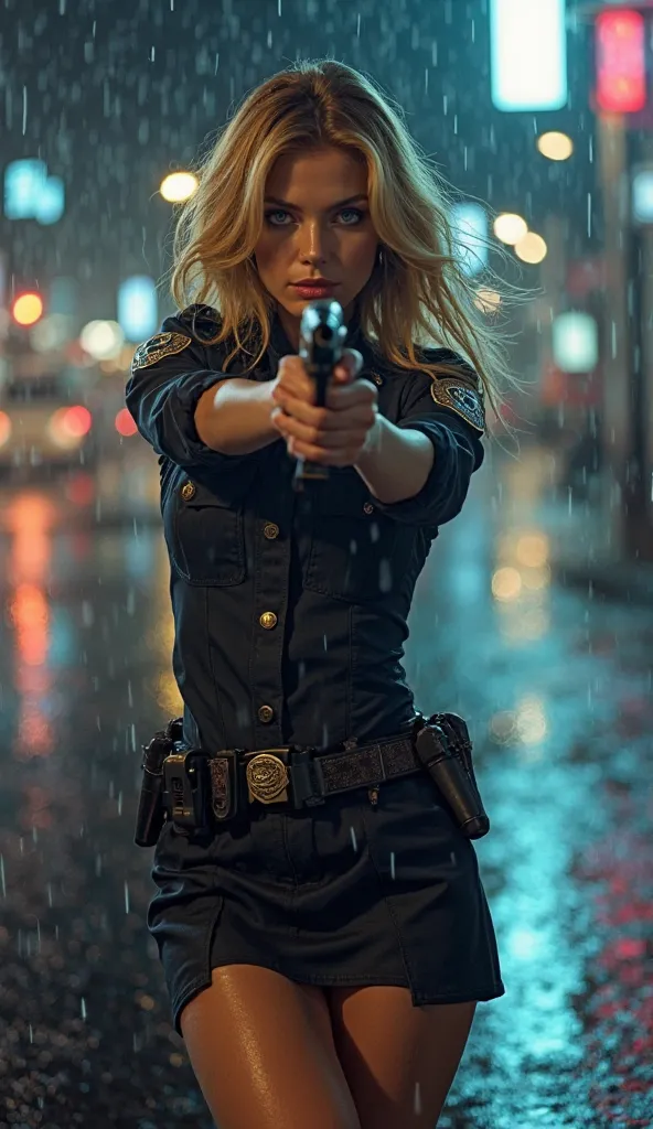 1 Female、American Beauty、Super beautiful、Facial beauty、blue eyes、Standing、New York Police Uniform、mini skirt、Golden Hair、Night Street、Backlight、The wind is blowing、it&#39;s raining、He is looking intently at the barrel of the gun.、Thigh-up shot、pointing pis...