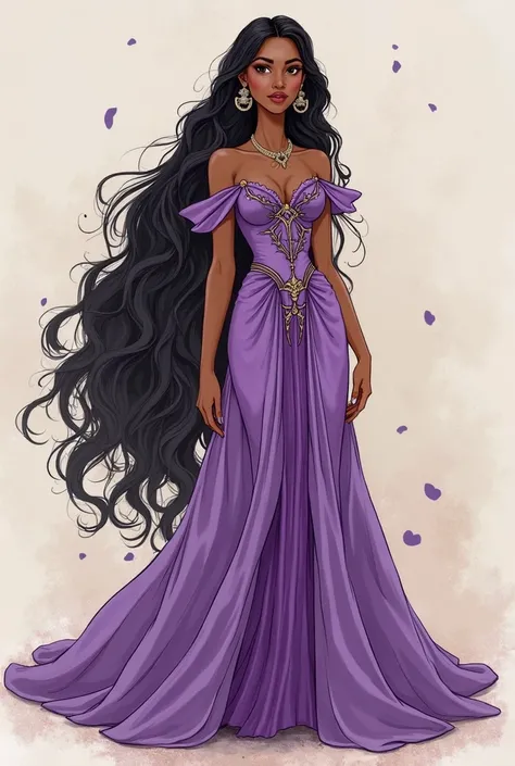 a drawing of a woman in a purple dress with long hair, concept art inspired by reyna rochin, tumblr, art nouveau, pocahontas, garbed in a purple gown, wearing a flowing dress, disney character style, rapunzel, princess of amethyst, she has olive brown skin...